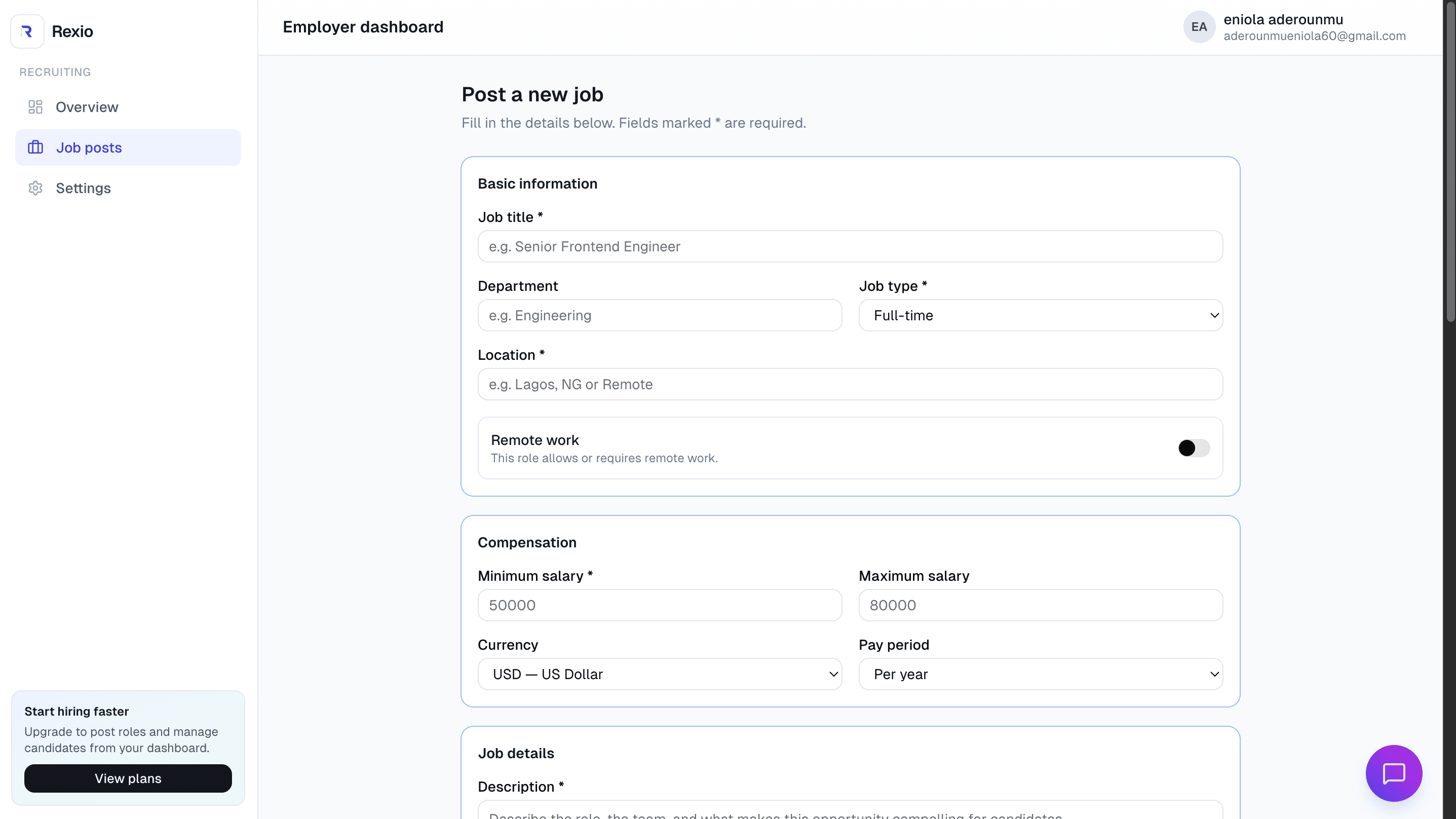 Rexhio employer dashboard showing hiring metrics and job post activity.