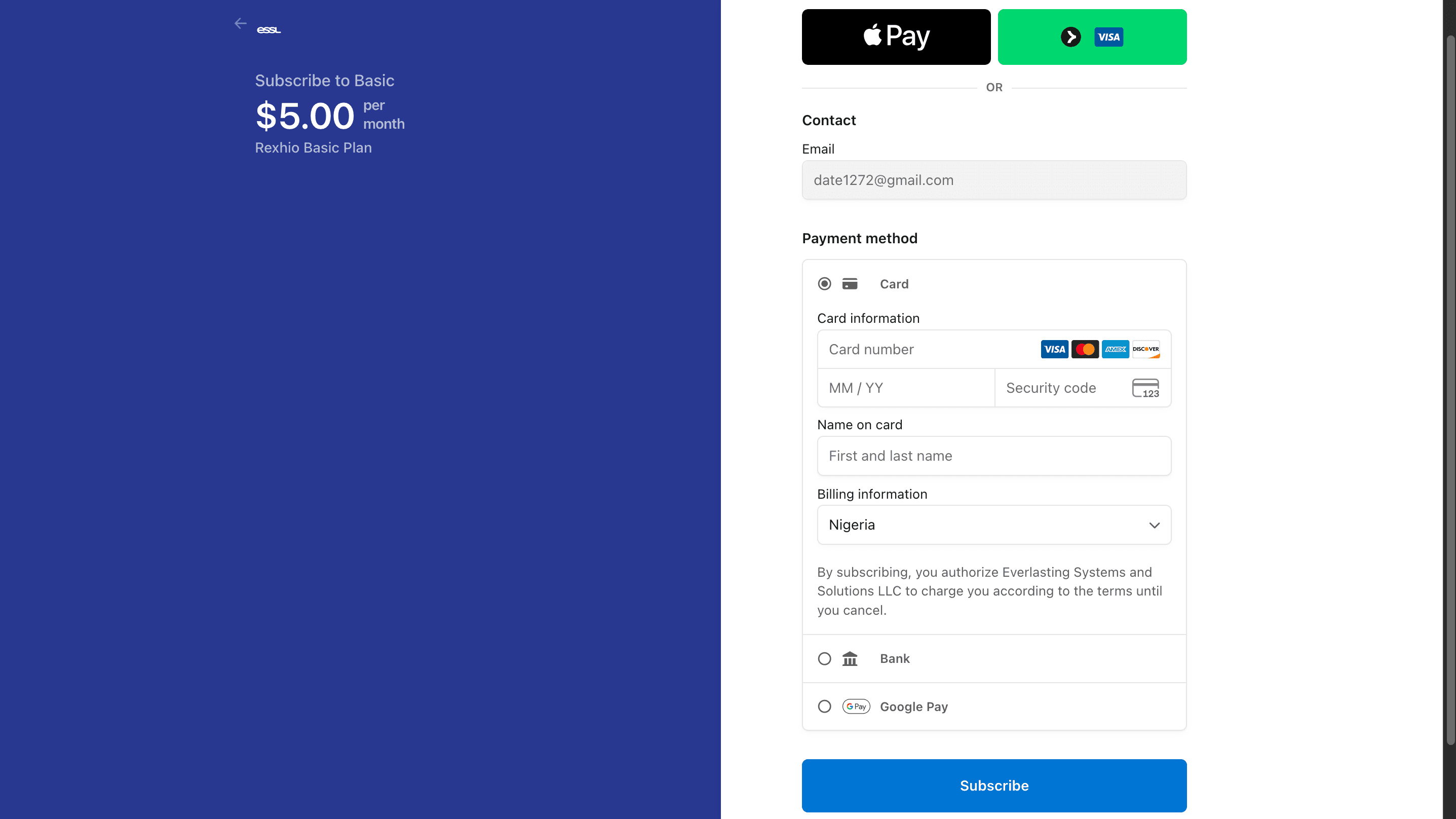 Rexhio subscription checkout screen for completing plan payment.