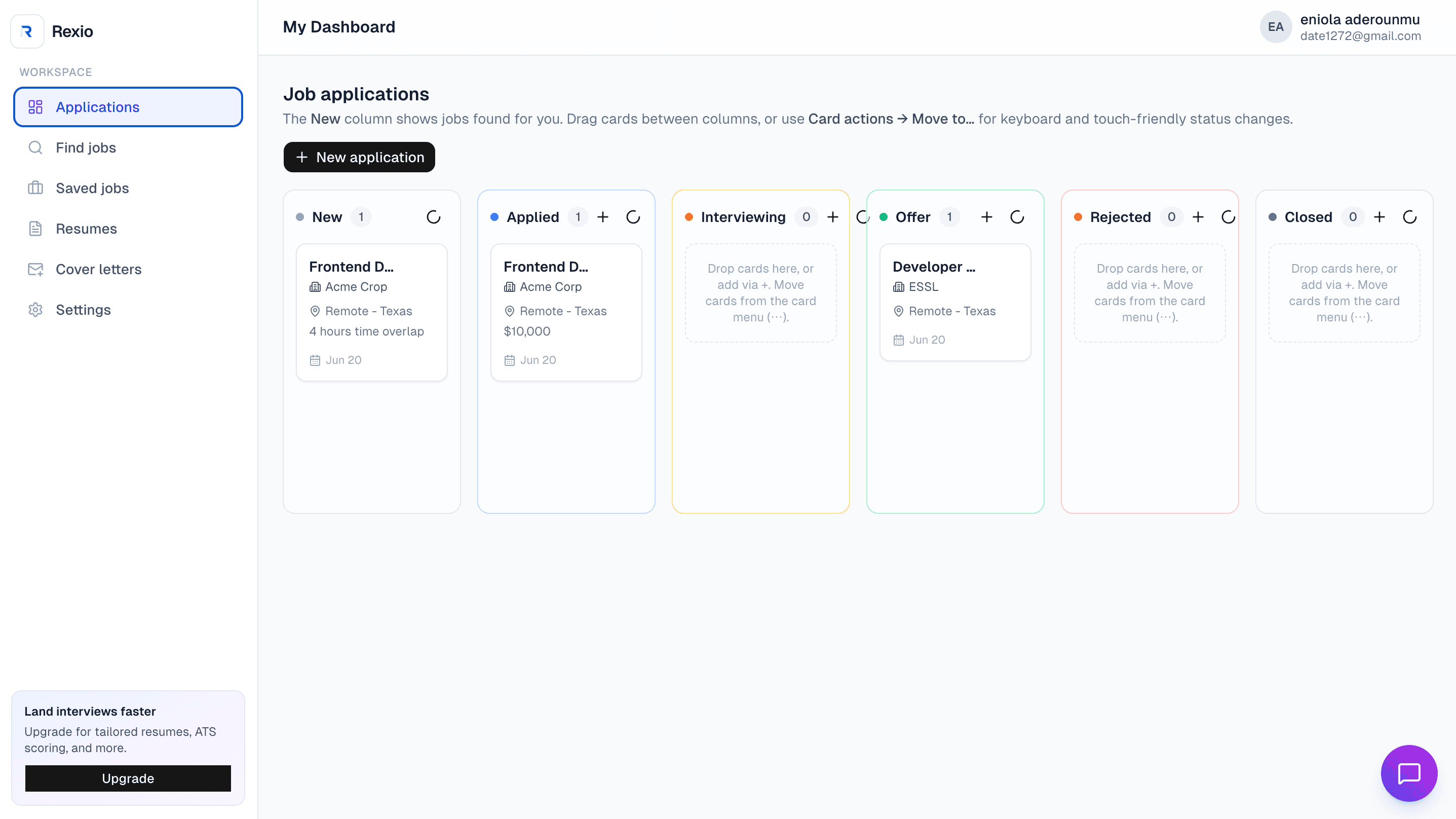 Rexhio seeker dashboard showing application, saved job, and resume tools.